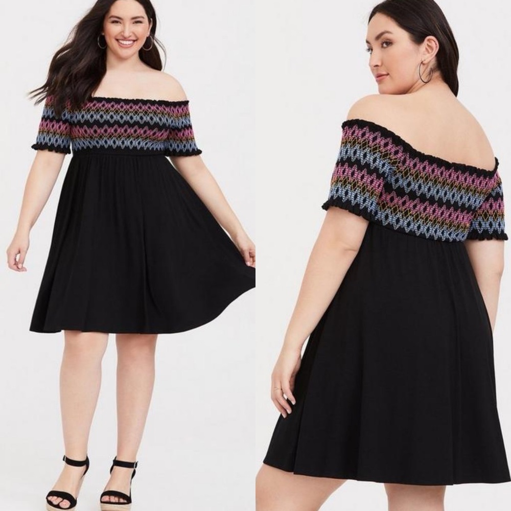Torrid | Black Embroidered Jersey Off Shoulder Skater Dress